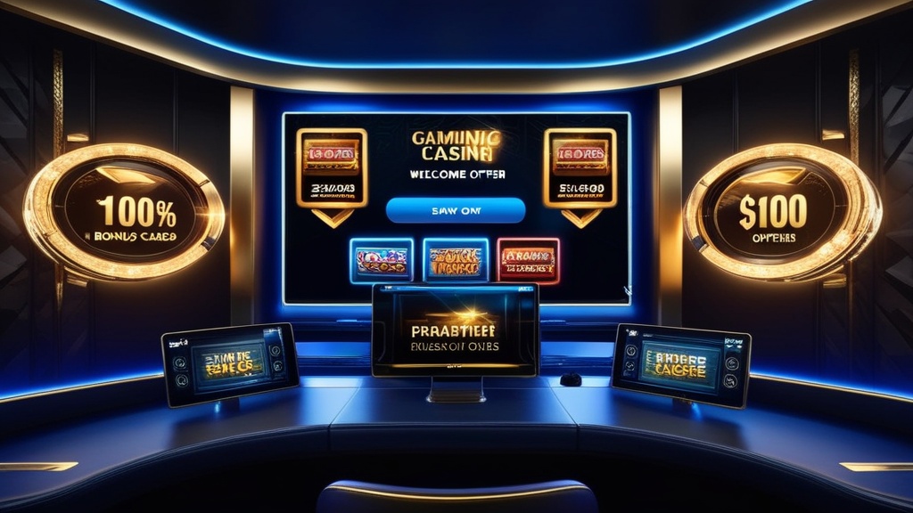 Tamni kazino interfejs sa bonus ponudom i slot vrtnjama